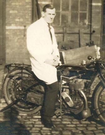 Alan Lee on his 'Sunbeam' motorcycle at the Royal <br/>Staffordshire Infirmary, Stoke-on-Trent, England, 1924. (R Lee)